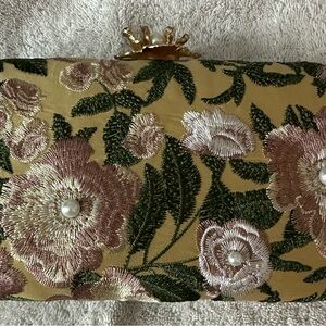 Floral Embroidered Clutch with Pearl Accents